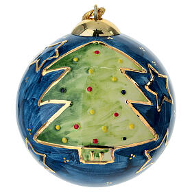 Addobbo albero Natale Dell'Arte Ceramiche abete dorato fondo blu 10 cm dipinta mano