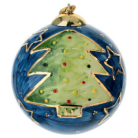 Christmas Tree Ornament Golden Fir on Blue Background 10 cm Hand-Painted Dellarte Ceramics