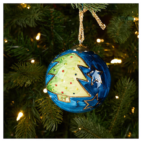 Christmas Tree Ornament Golden Fir on Blue Background 10 cm Hand-Painted Dellarte Ceramics 2