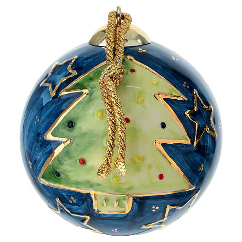 Christmas Tree Ornament Golden Fir on Blue Background 10 cm Hand-Painted Dellarte Ceramics 3