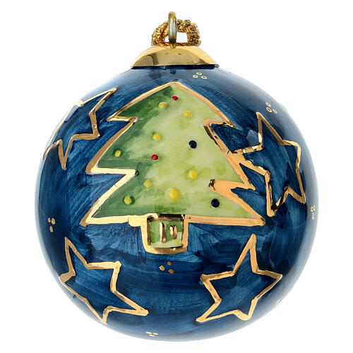 Pallina natalizia albero verde su blu notte dipinta a mano 8 cm Dell'Arte Ceramiche 1