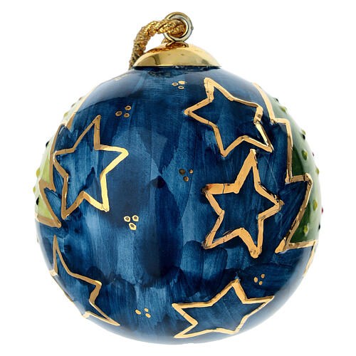 Bombka świąteczna, zielona choinka na granatowym tle, ręcznie malowana, 8 cm, Dellarte Ceramiche 4