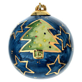 Christmas Tree Ball Green Tree on Midnight Blue Dellarte Ceramics Hand-Painted 8 cm