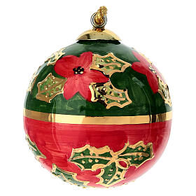 Keramikkugel, rund, mit Weihnachtssternen, Stechpalmen und goldenen Details auf grün-rotem Grund, 8 cm, handbemalt – Dellarte Ceramiche