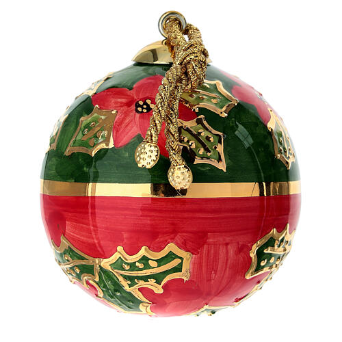 Round Christmas tree decoration by Dellarte Ceramiche, hand-painted holly and red flowers, 3 in 3