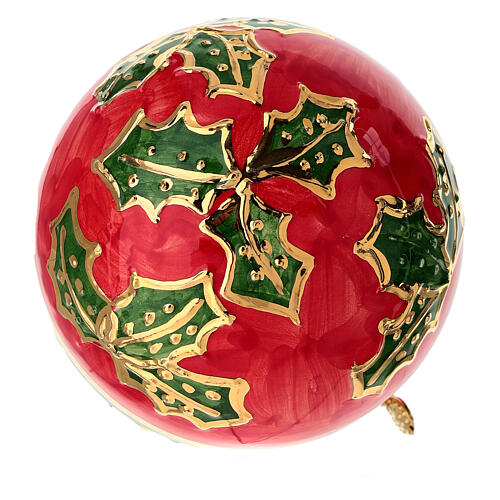 Round Christmas tree decoration by Dellarte Ceramiche, hand-painted holly and red flowers, 3 in 4