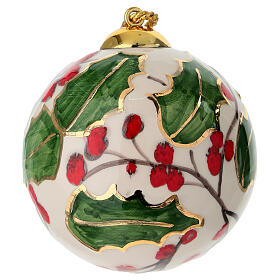 Pallina ceramica albero Natale fondo panna agrifoglio riporti oro 10 cm dipinta mano Dell'Arte
