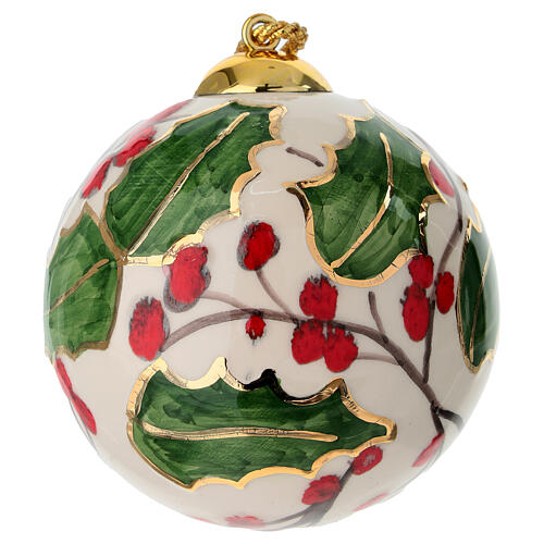 Pallina ceramica albero Natale fondo panna agrifoglio riporti oro 10 cm dipinta mano Dell'Arte 1