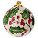 Pallina ceramica albero Natale fondo panna agrifoglio riporti oro 10 cm dipinta mano Dell'Arte s1