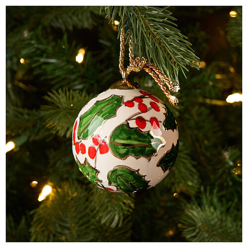 Hand-painted Christmas ceramic ball with golden holly decoration, 3 in, Dellarte Ceramiche 2