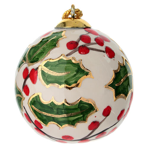 Palla tonda ceramica Natalizia decoro agrifoglio dorato dipinta mano 8 cm Dell'Arte Ceramiche 1