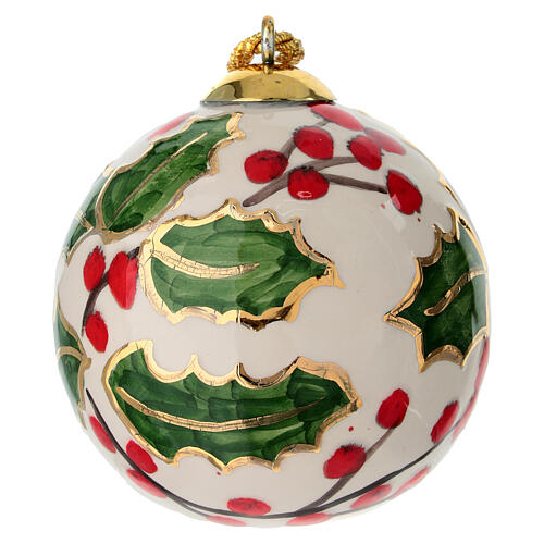 Bombka ceramiczna świąteczna, motyw ostrokrzewu, złocenia, ręcznie malowana, 8 cm, Dellarte Ceramiche 1