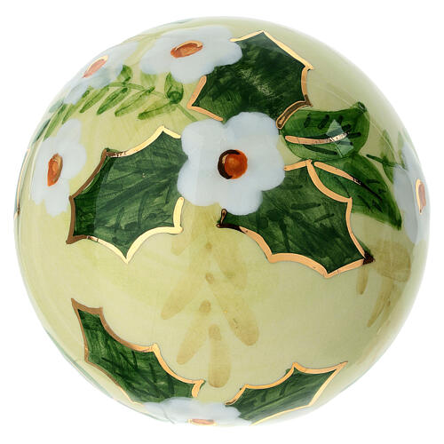 Christmas ball with white flowers and yellow background, hand-painted ceramic by Dellarte Ceramiche, 4 in 4
