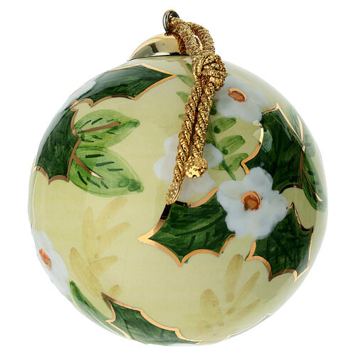 Bombka świąteczna, ceramika ręcznie malowana, białe kwiaty na jasnym żółtym tle, Dellarte Ceramiche, 10 cm 3