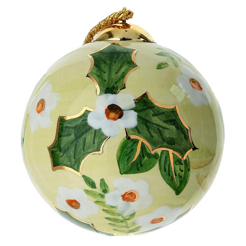 Bola Natal flores brancas fundo amarelo cerâmica pintada à mão Dellarte Ceramiche 10 cm 1