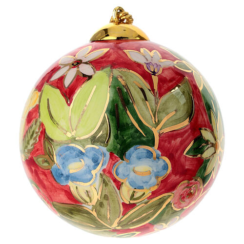 Boule de Noël Dellarte Ceramiche décoration florale colorée fond rouge 10 cm peinte 1