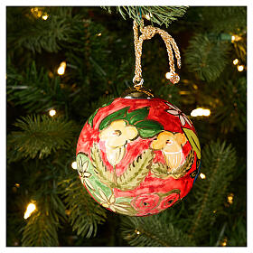 Pallina Dellarte Ceramiche albero Natale decoro floreale colorati fondo rosso 10 cm dipinta