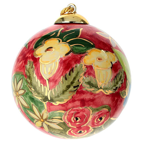 Ręcznie malowana bombka Dellarte Ceramiche, 10 cm, kolorowy motyw kwiatowy na czerwonym tle 4