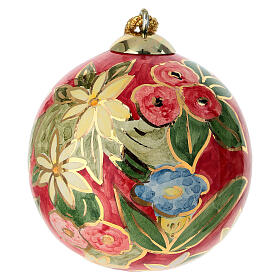 Dellarte Ceramiche hand-painted Christmas tree decoration with colourful floral pattern on red background, 3 in