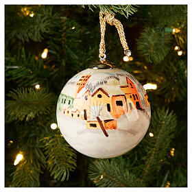 Dellarte Ceramiche Christmas tree ball depicting snowy houses, 4 in, hand-painted