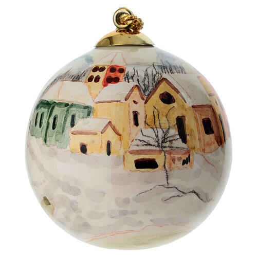 Bola árbol Navidad pueblo nevado fondo blanco 8 cm pintada a mano Dellarte Ceramiche 4