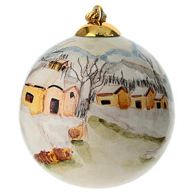 Pallina albero Natale borgo innevato sfondo bianco 8 cm dipinta a mano Dell'Arte Ceramiche