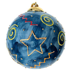 Dellarte Ceramiche blue Christmas ball with gold spirals and stars, 4 in, hand painted