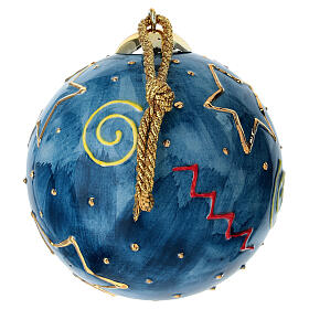 Pallina Dell'Arte Ceramiche albero Natale blu con stelle spirali oro 10 cm dipinta a mano