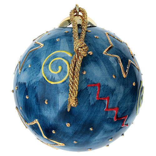 Pallina Dell'Arte Ceramiche albero Natale blu con stelle spirali oro 10 cm dipinta a mano 2