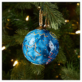 Sfera albero Natale Dellarte Ceramiche blu notte decori oro e rossi 8 cm dipinta a mano