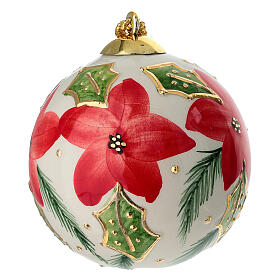 Christmas bauble by Dellarte Ceramiche, light background with red poinsettias and holly, 4 in, hand-painted