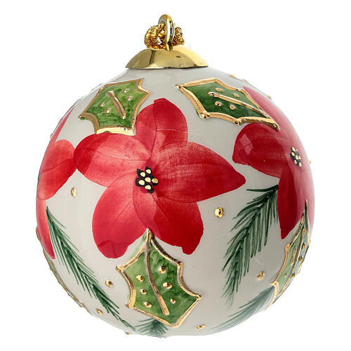 Pallina albero Natale Dell'Arte Ceramiche fondo chiaro stelle rosso e agrifoglio 10 cm dipinta mano 1