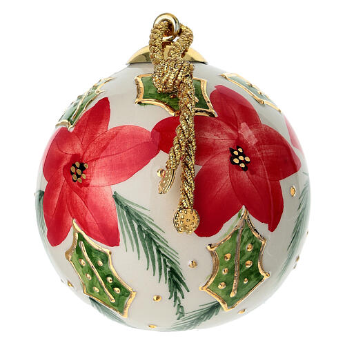 Bombka Dellarte Ceramiche, 10 cm, jasne tło, czerwone gwiazdki i ostrokrzew, ręcznie malowana 3