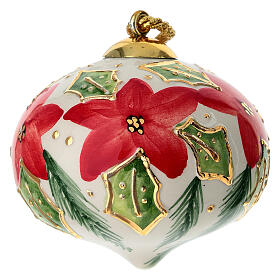 Christmas bauble by Dellarte Ceramiche, holly and red flowers, 3 in, onion shape