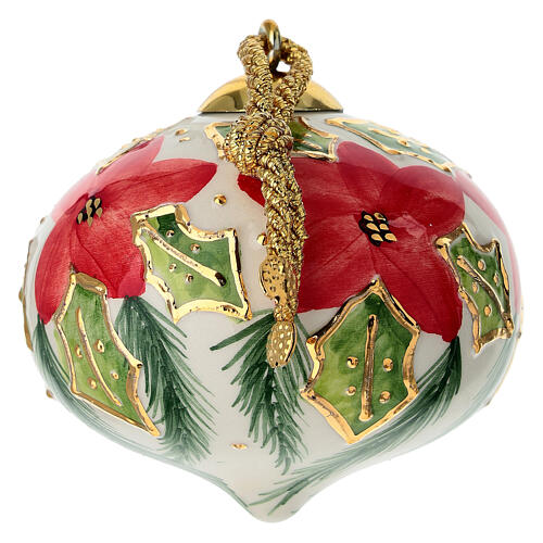 Christmas bauble by Dellarte Ceramiche, holly and red flowers, 3 in, onion shape 3
