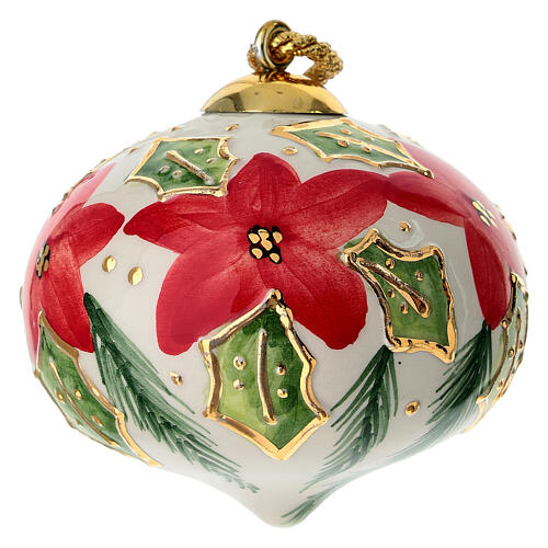 Bombka świąteczna Dellarte Ceramiche, ostrokrzew i czerwony kwiat, 8 cm 1
