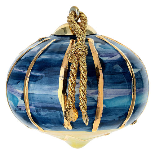 Onion-shaped Christmas bauble by Dellarte Ceramiche, blue with vertical gold lines, 3 in, hand-painted 3