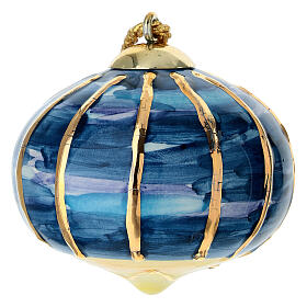 Pallina cipolla Dellarte Ceramiche natalizia blu righe oro verticali 8 cm dipinta a mano