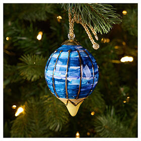 Dellarte Ceramiche blue Christmas tree decoration, 3 in, hand-painted gold stripe design
