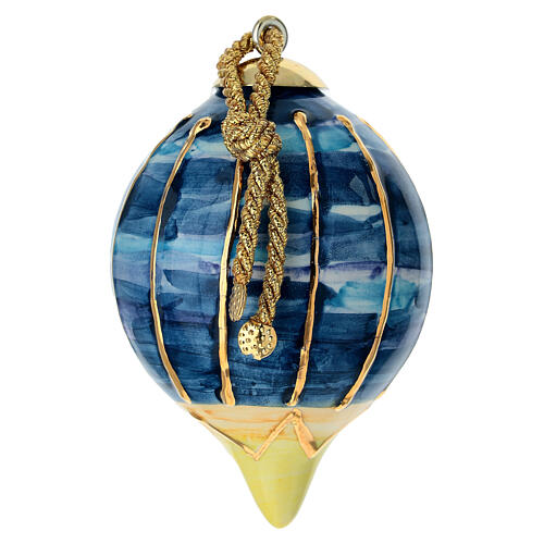 Décoration pour sapin de Noël goutte Dellarte Ceramiche bleue décor rayures or 8 cm peinte à la main 3