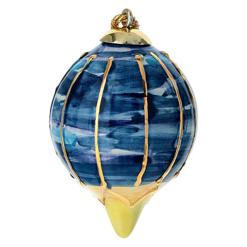 Addobbo albero Natale goccia Dell'Arte Ceramiche blu decoro righe oro 8 cm dipinta mano 1