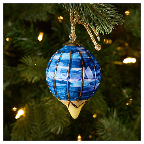 Addobbo albero Natale goccia Dellarte Ceramiche blu decoro righe oro 8 cm dipinta mano 2