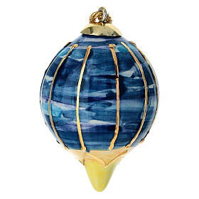 Christmas Teardrop Ornament Blue with Gold Striped Decoration Dellarte Ceramics, Hand-Painted 8 cm