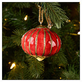Onion-shaped Christmas bauble by Dellarte Ceramiche, red with vertical gold lines, 3 in