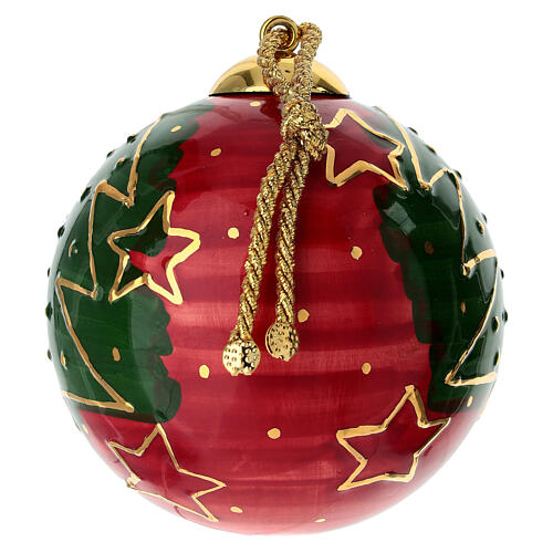 Bola navideña Dellarte Ceramiche estrellas oro sobre rojo y verde 10 cm pintada a mano 3