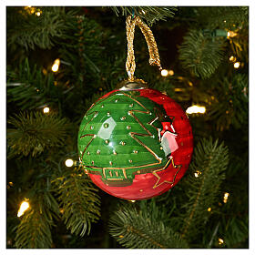Boule de Noël Dellarte Ceramiche étoiles dorées sur fond rouge et vert 10 cm peinte à la main