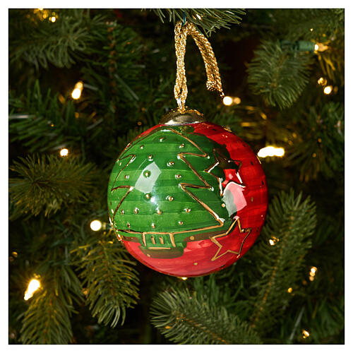 Christmas Ball Pine with Gold Stars on Red Background, 10 cm Hand-Painted Dellarte Ceramics 2