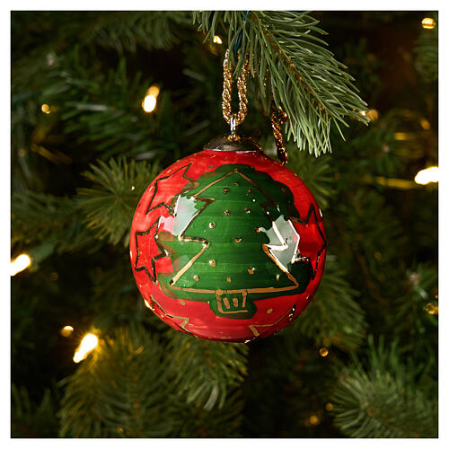 Boule de Noël Dellarte Ceramiche étoiles et arbres dorés 8 cm peinte à la main 2
