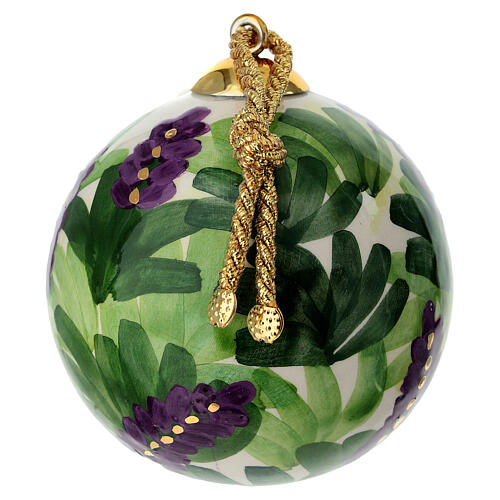 Bola navideña Dellarte Ceramiche flores violetas hojas verdes pintada a mano 8 cm 3