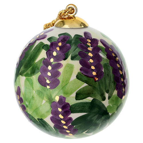 Bombka świąteczna, Dellarte Ceramiche, ręcznie malowana, fioletowe kwiaty i zielone liście, 8 cm 1
